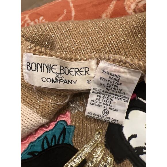 VTG Bonnie Boerer S/P Cream Gold Metallic Sweater Japanese Geisha Applique EUC - Picture 5 of 9